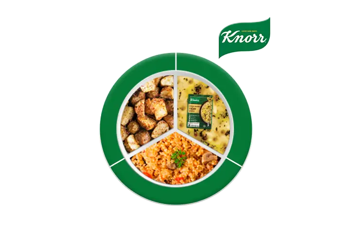 Knorr Zerdeçallı Mercimekli Yoğurt Çorbası, Fırında Yer Elması, Mantarlı Bulgur Pilavı